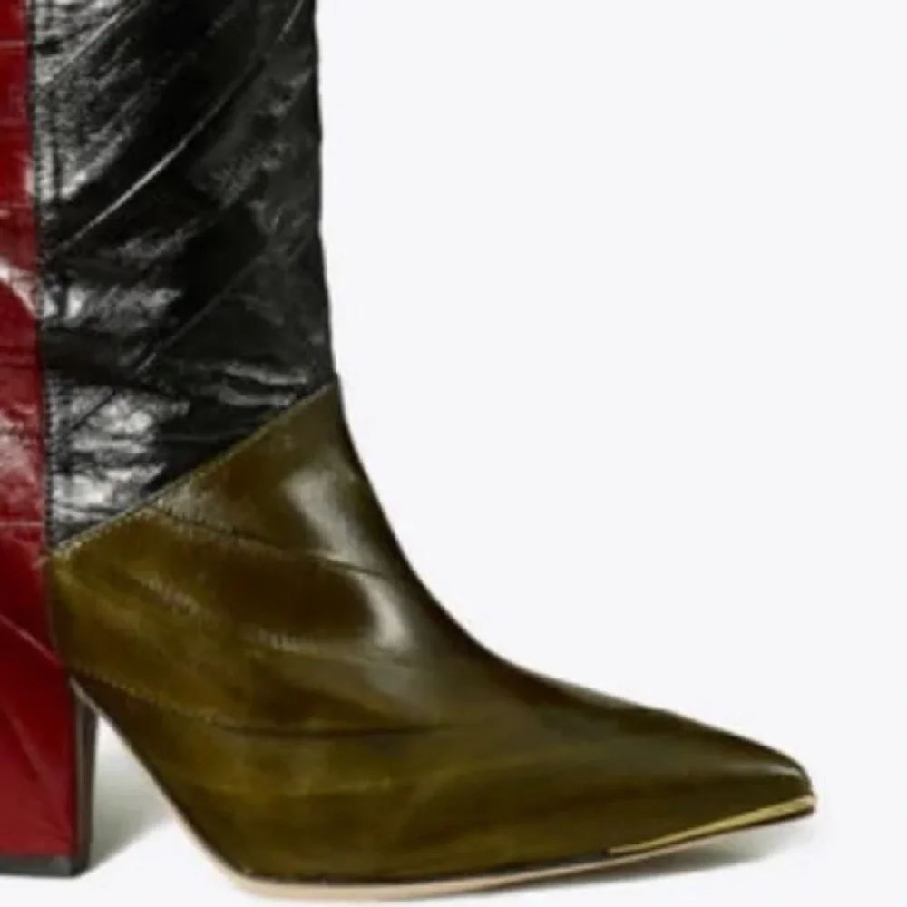 TORY BURCH LILA TALL BOOTS EEL LEATHER COLOR OLIVE/BLK/WINE 90MM HEEL US 8 1/2 - Picture 4 of 6